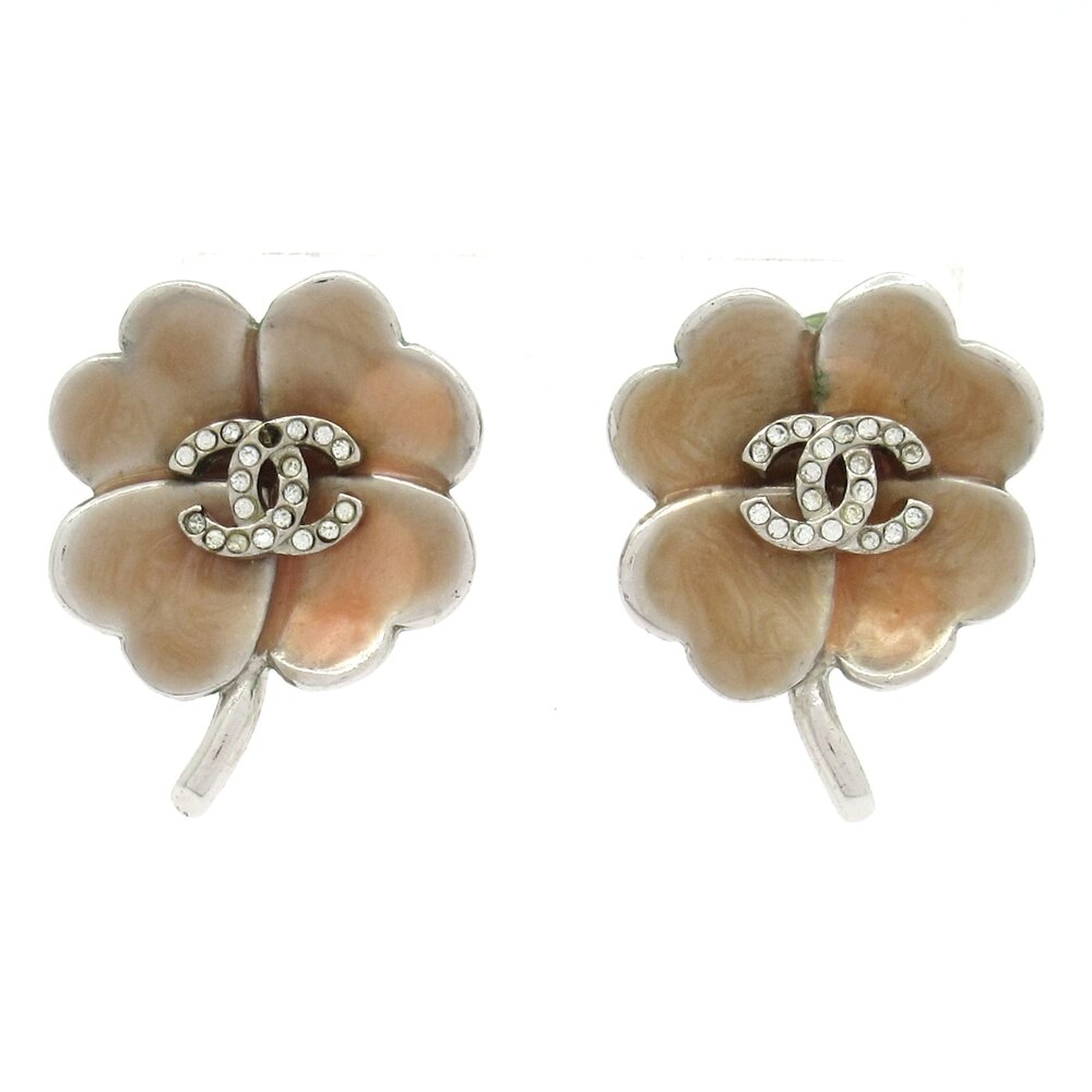 Chanel Clip On Earrings Silver Beige Clear Hardware Rhinestones